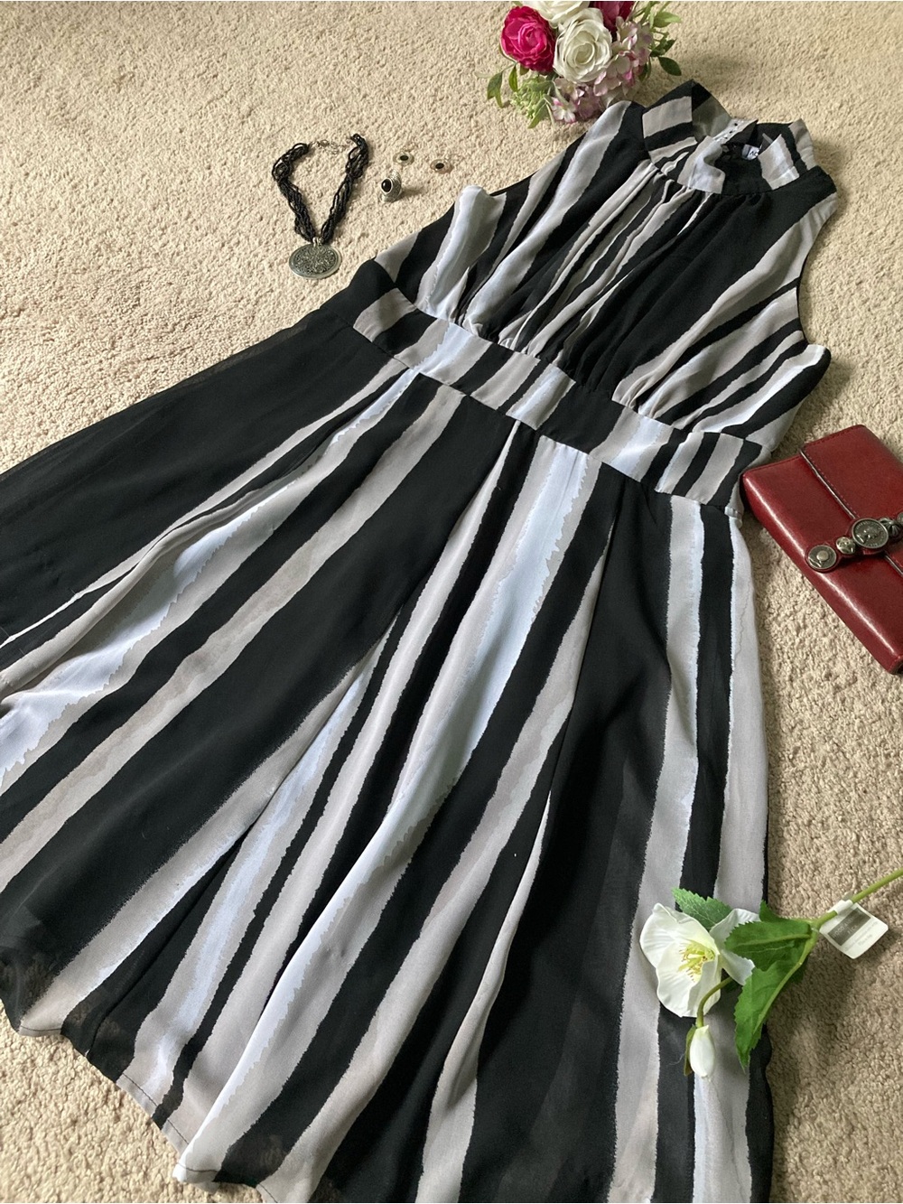 Voir Voir Black and White Striped Midi Dress